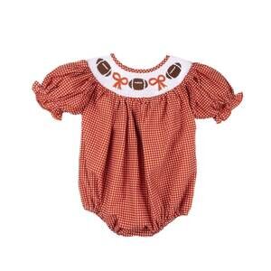 NEW TEETA girl's gingham smocked football hallie bubble in burnt orange